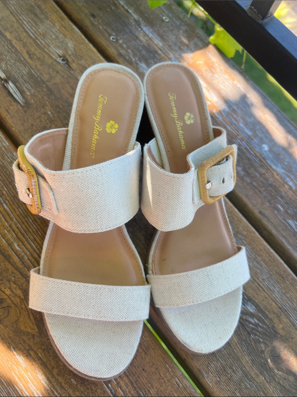 Tommy Bahama Trista Cream Linen Buckle Block Heel Sandals - Picture 6 of 13